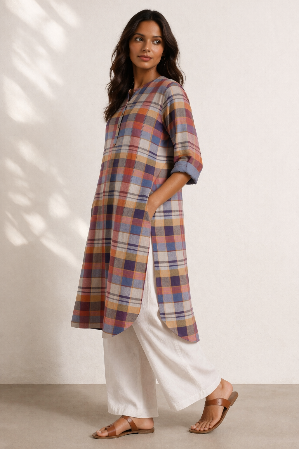 Women's cotton regular kurta with 3/4th sleeves in multicolor - Model image