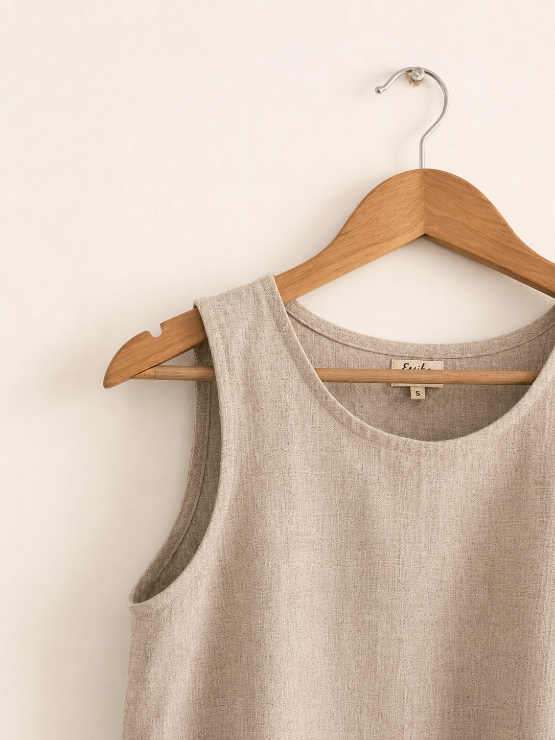 Women's sleeveless top in Beige colour made with jute linen blend - close up image