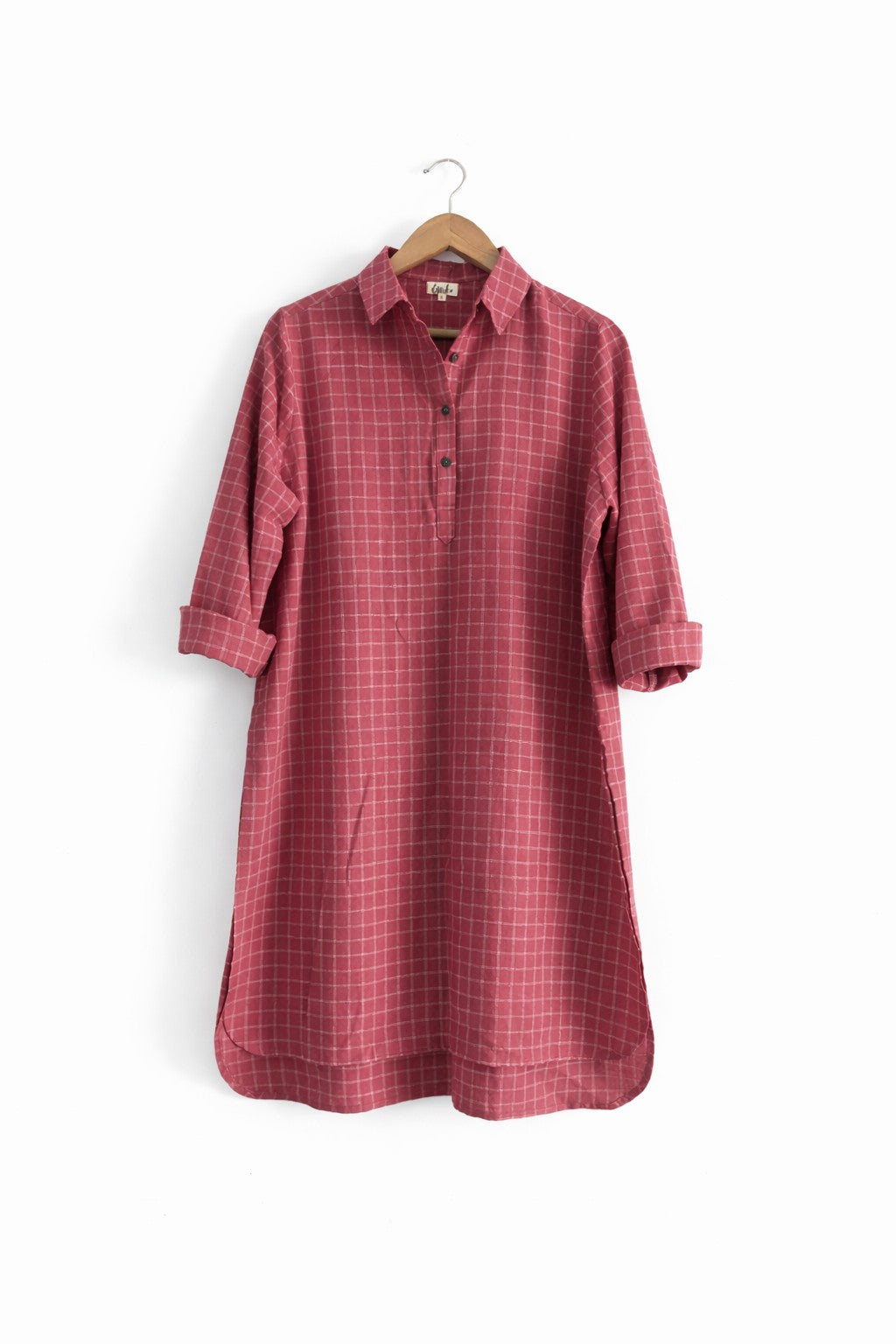 Women's handloom cotton long kurta with collar and cuff in red checks - front image