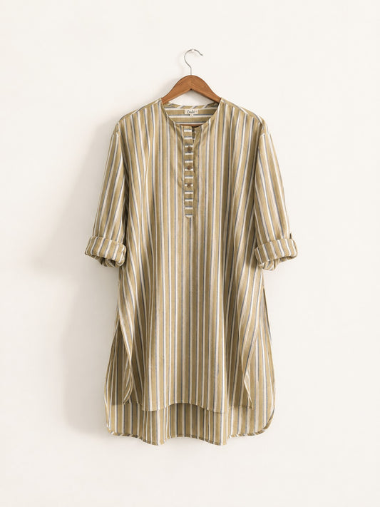 Women's handloom cotton kurta with round neck, full sleeves with cuffs, in yellow stripes – front image