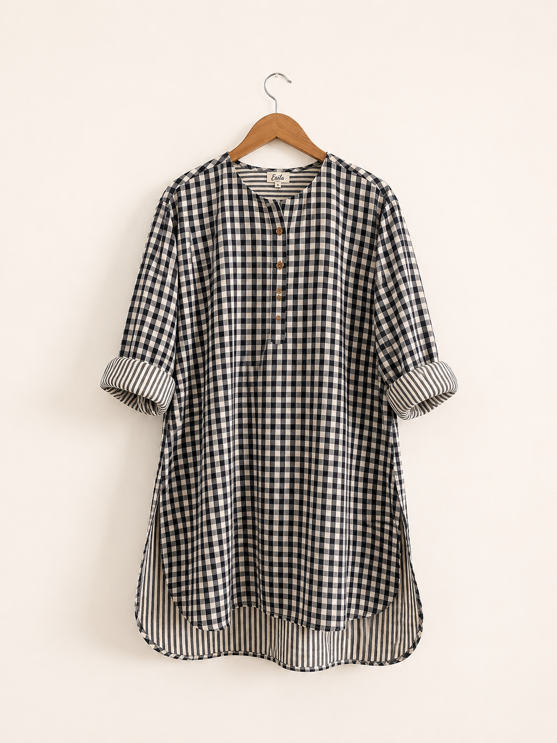 Women's cotton kurta with round neck, full sleeves with cuffs, in black and white checks - front image
