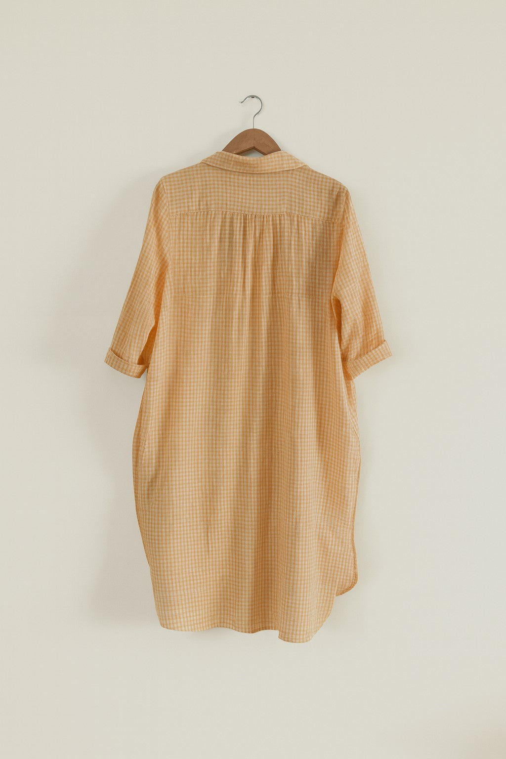 Women's cotton regular kurta in yellow checks with collar and 3/4th sleeves - back image
