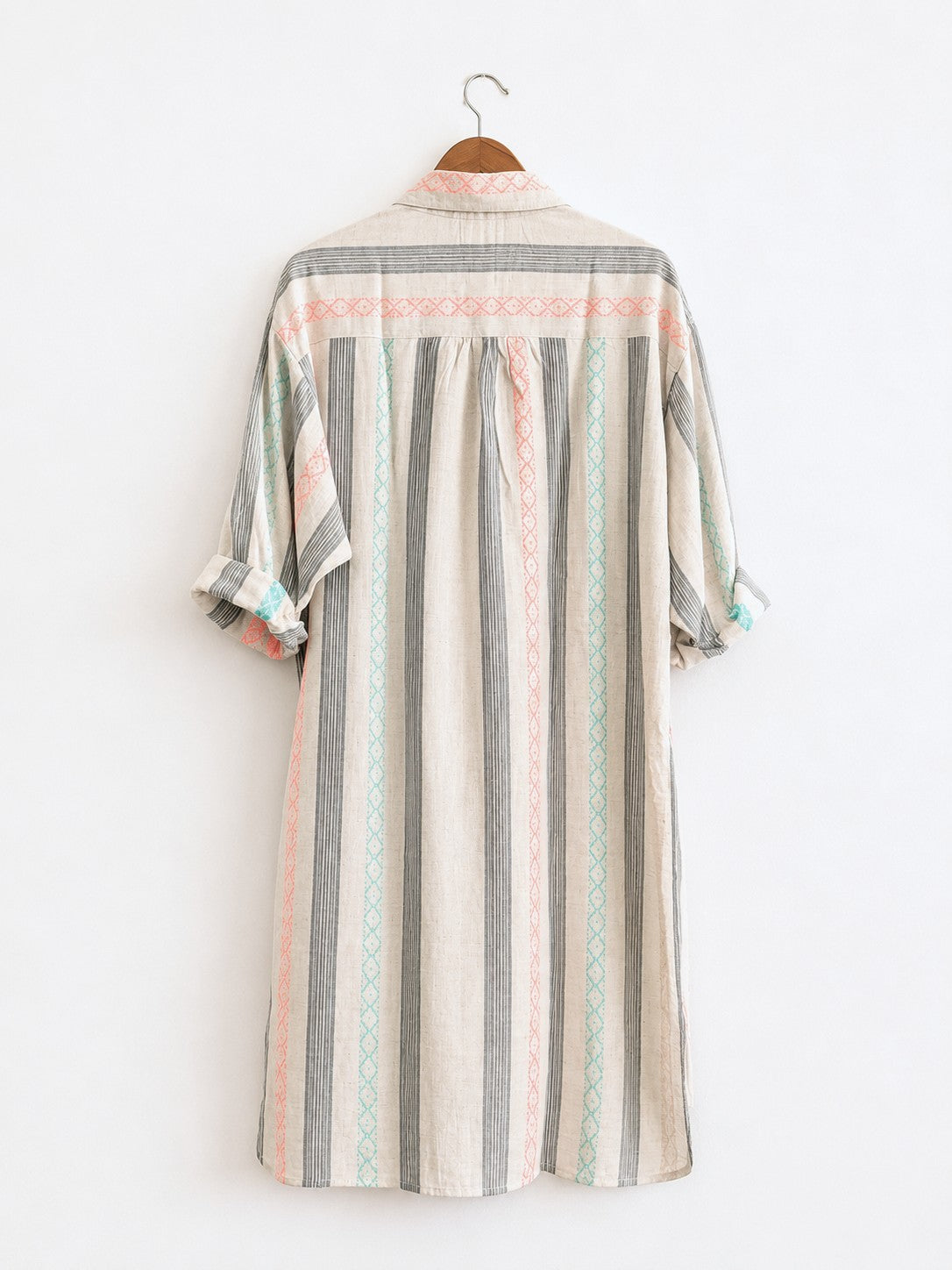 Women's oversized kurta with collar and cuff in mulitcolour stripes, made with cotton linen  - Back image