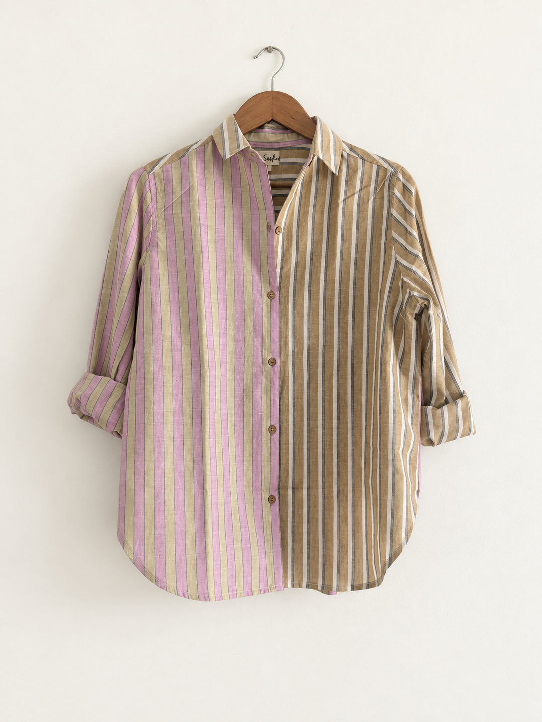 Women's regular shirt in mix stripes print, pink and sand - front image