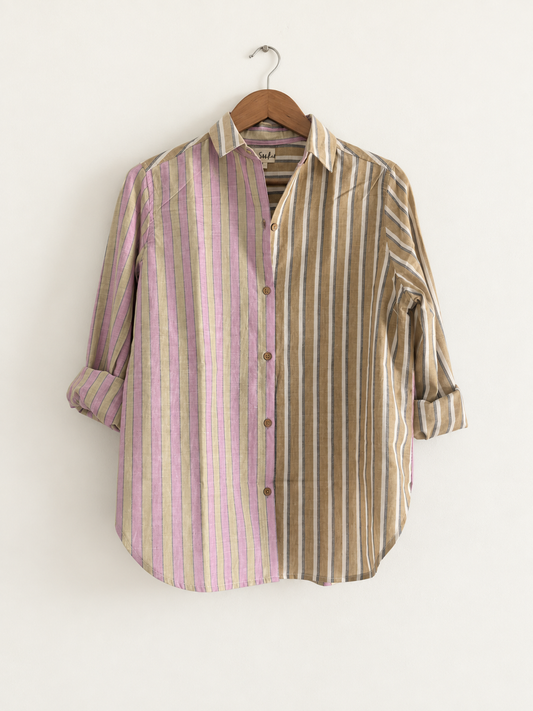 Women's regular shirt in mix stripes print, pink and sand - front image