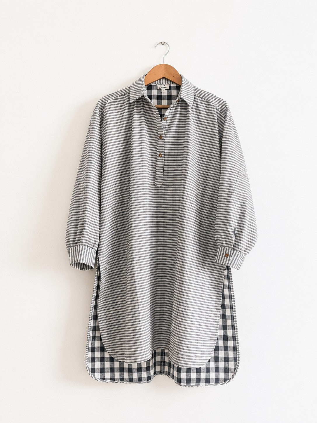 Women's cotton kurta with full sleeves and cuffs and collar in black stripes - front full image