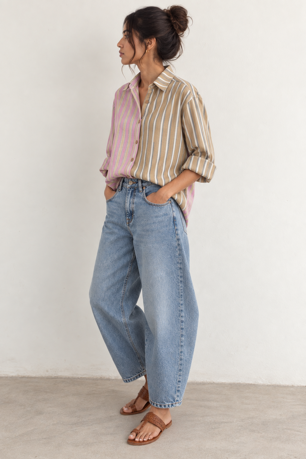 Women's regular shirt in mix stripes print, pink and sand - model image