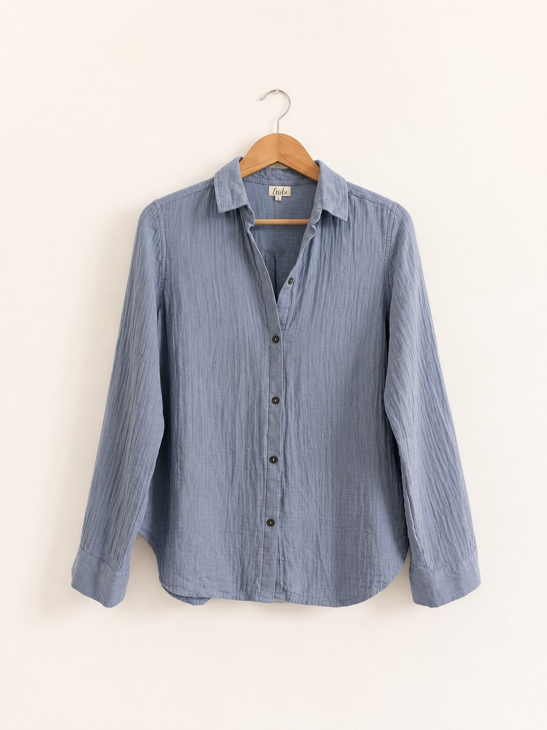Women's regular fit shirt in cotton gauze with full sleeves and cuffs in dust blue  - front full image