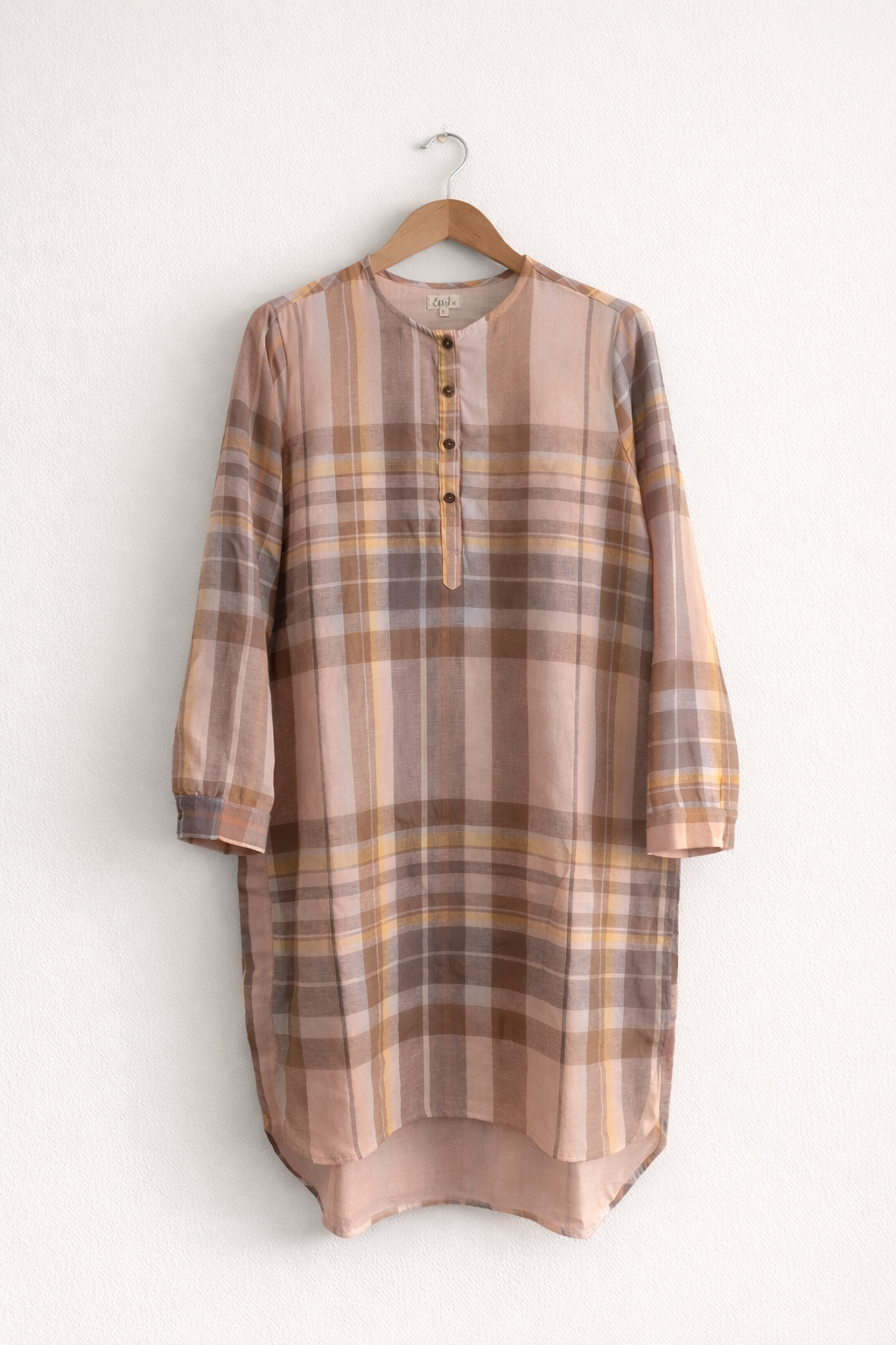 Women's regular  cotton kurta with long sleeves and round next in brown checks - front full image