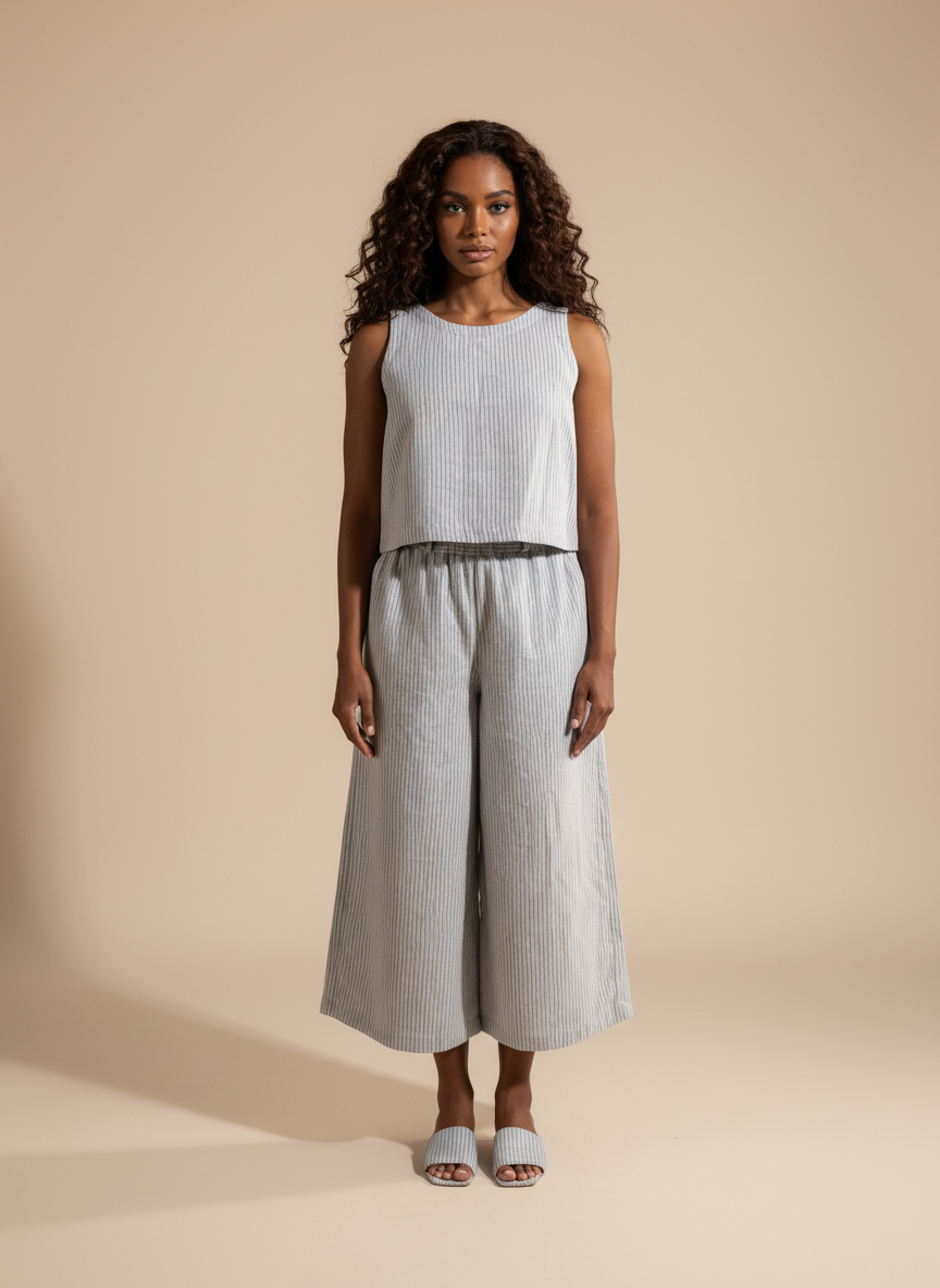 Women's coord set in cotton. Sleeveless top and wide legged pants  in grey stripes - Model front image.