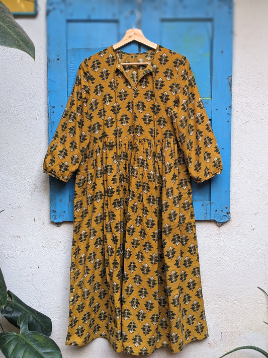 Women's cotton full length dress with 3/4th sleeves, floral block print - Front image