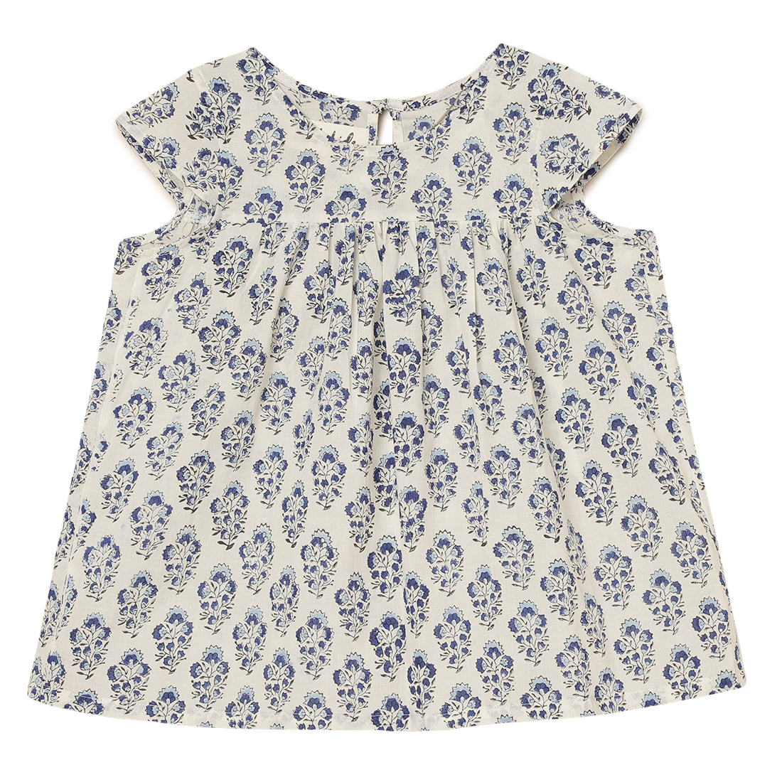 Girls Cotton Flared  Top with Dark Blue Block Print for 2 yrs to 6 yrs - Front    