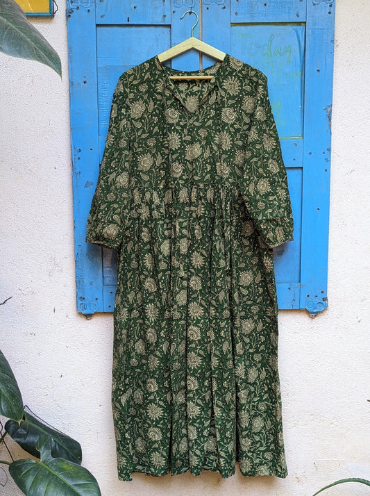 Women's cotton full length dress with 3/4th sleeves,  block print - Front image