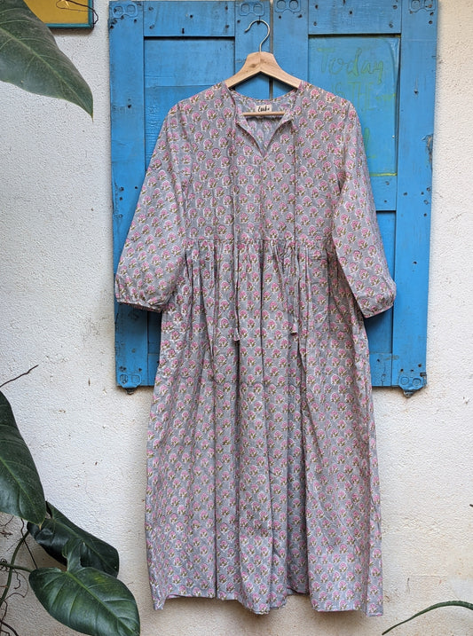 Women's cotton full length dress with 3/4th sleeves, floral block print - Front image