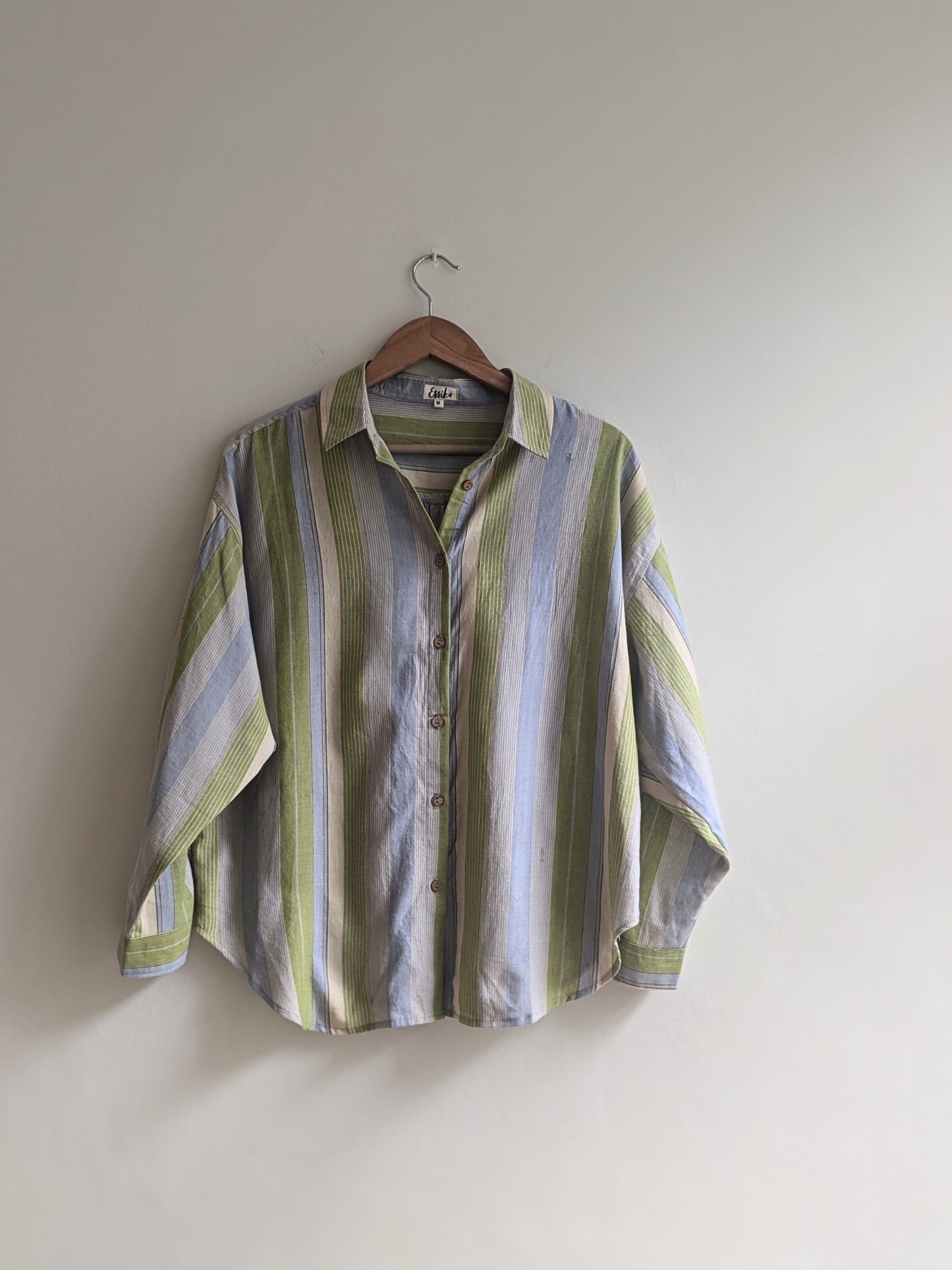 Women's oversized full sleeves shirt in green stripes - front image