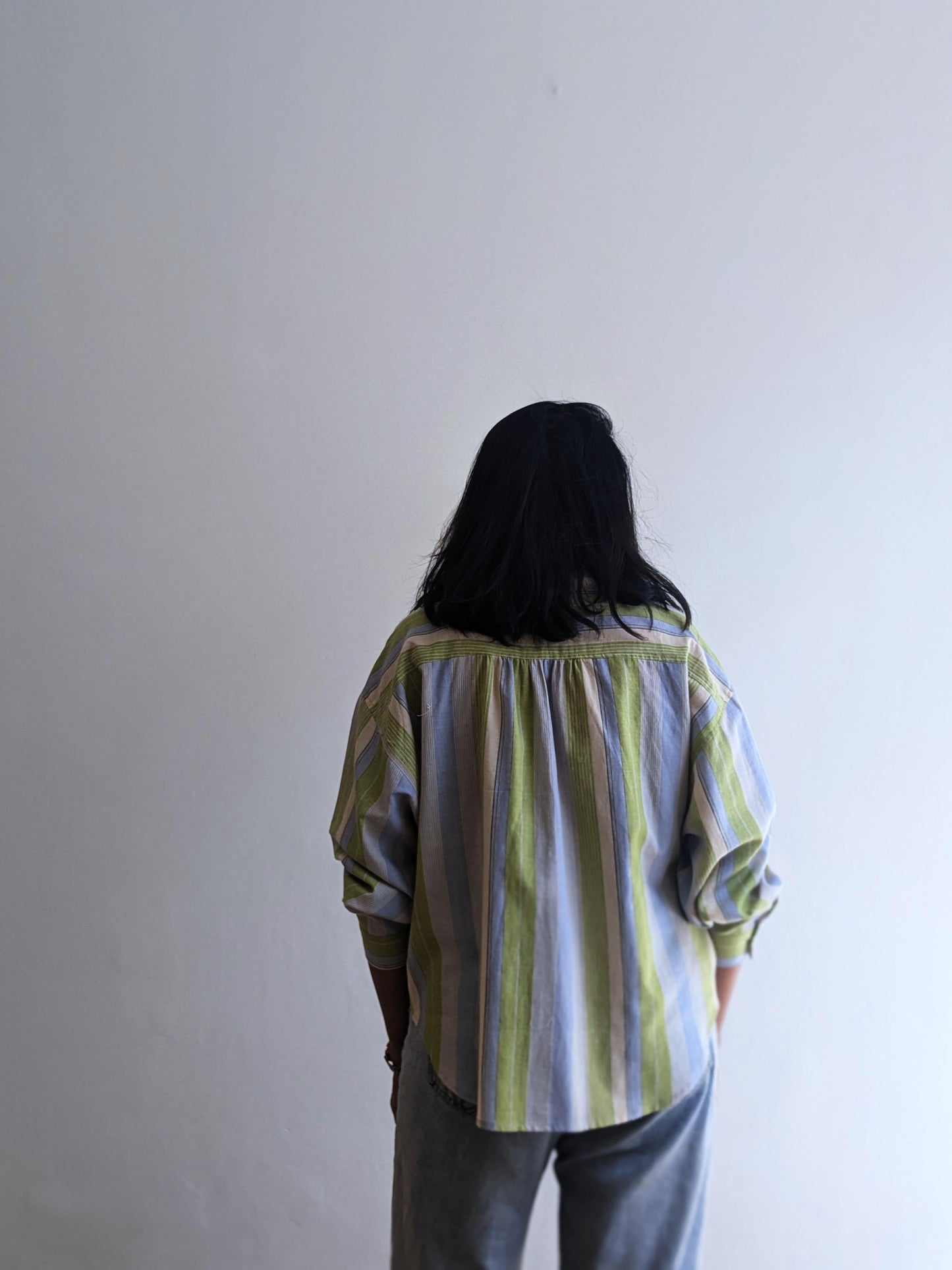 Women's oversized full sleeves shirt in green stripes -back image