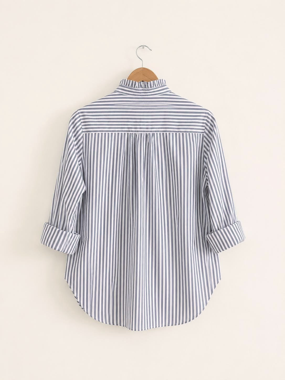 Women's regular full sleeves shirt  with ruffles, made with cotton in black and white stripes - back image