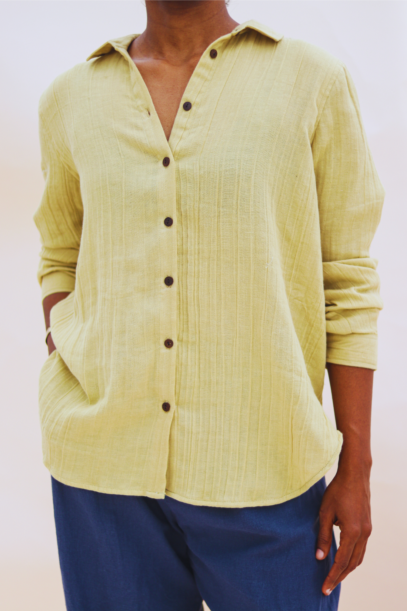 Women's Regular Shirt, Organic Cotton, full sleeves in lemon colour - Model  Image - Front