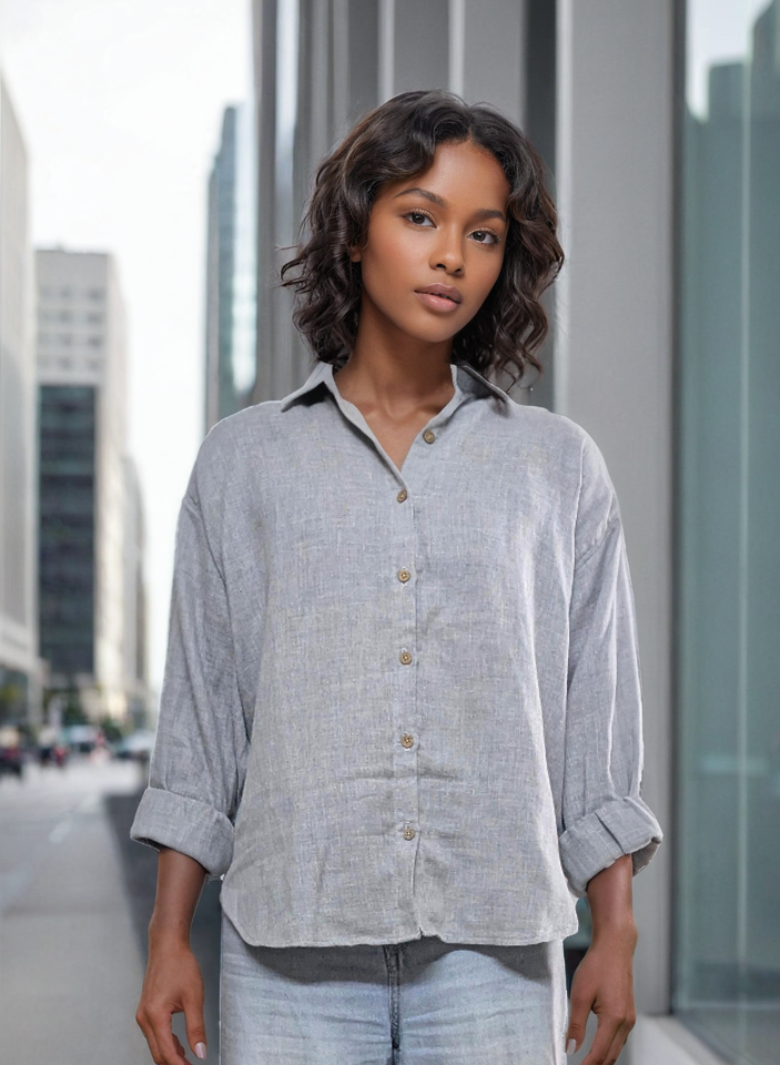 Chemise surdimensionnée pour femmes | Impression en bloc | Bleu foncé 
