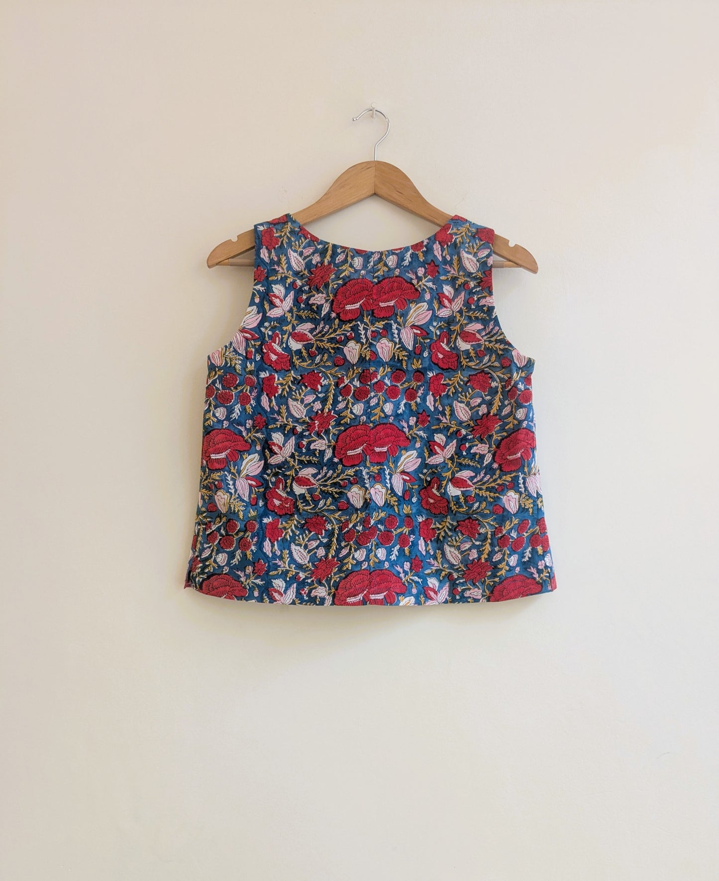 Women's sleeveless top in dark teal and red - back image