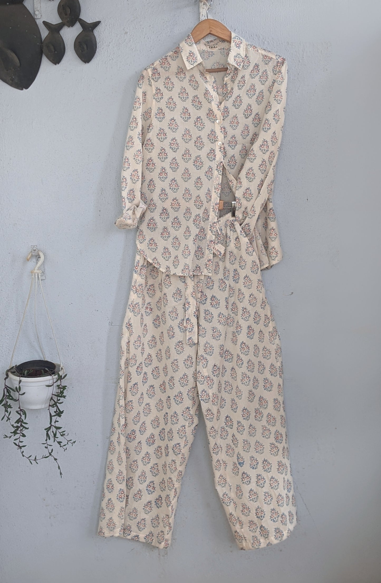 Women's Cotton Shirt and Pants , Co-ord set. Regular full sleeves shirt and long flared pants. - Front Image