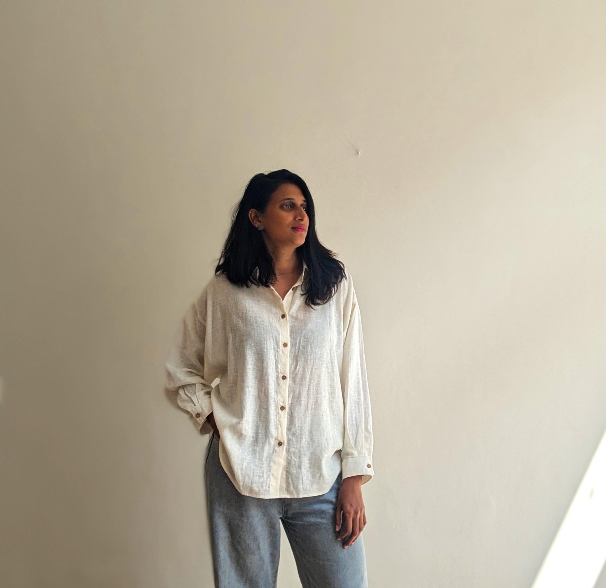 Women's oversize full sleeves shirt in White Linen - Front Image 