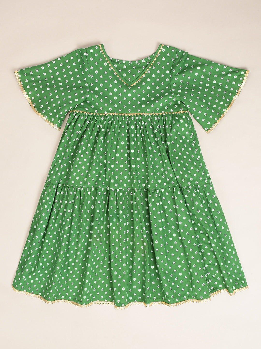 Girls Cotton Green Dress - 4 yrs to 12 yrs - Front 