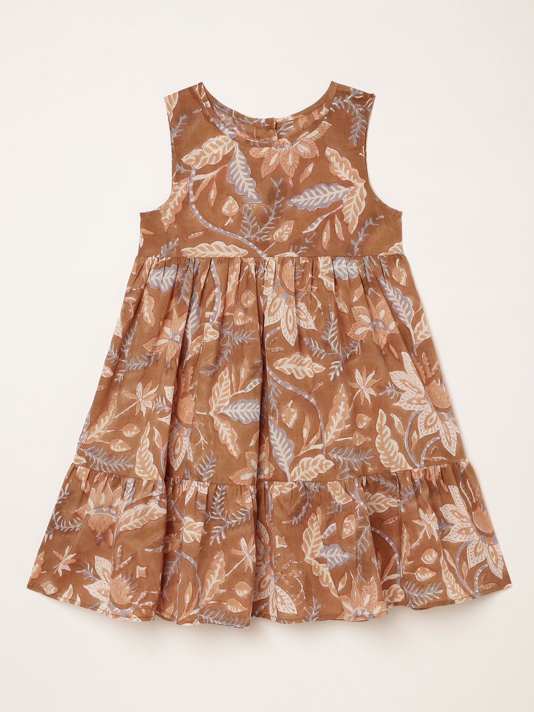 Sleeveless dress for girls with brown and lavender block print. Ages 1-8 years - Front