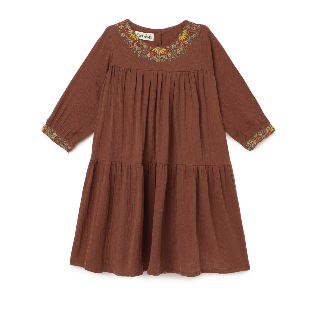 Girls Embroidered Cotton Dress Rust Brown - 1 yr to 8 yrs - Front