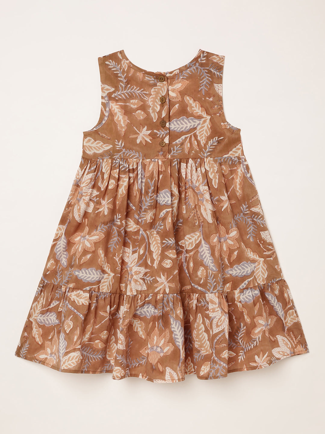 Sleeveless dress for girls with brown and lavender block print. Ages 1-8 years - Back