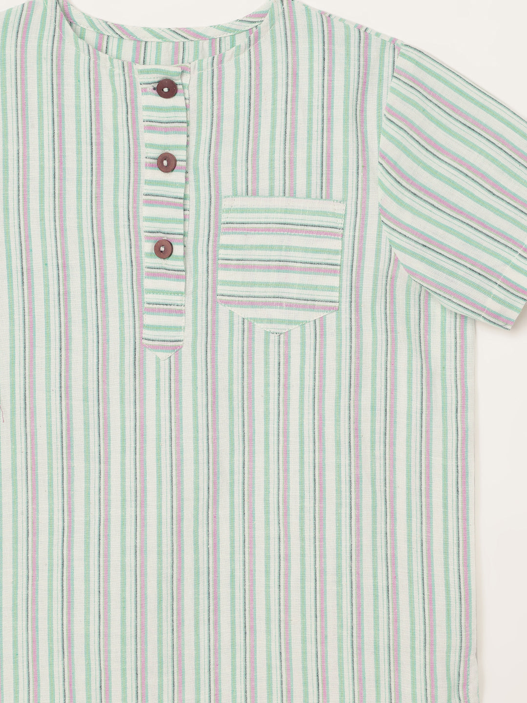 Boys Handloom Cotton Green Stripes Half Sleeves Shirt 1 yr to 8 yrs - Close-up