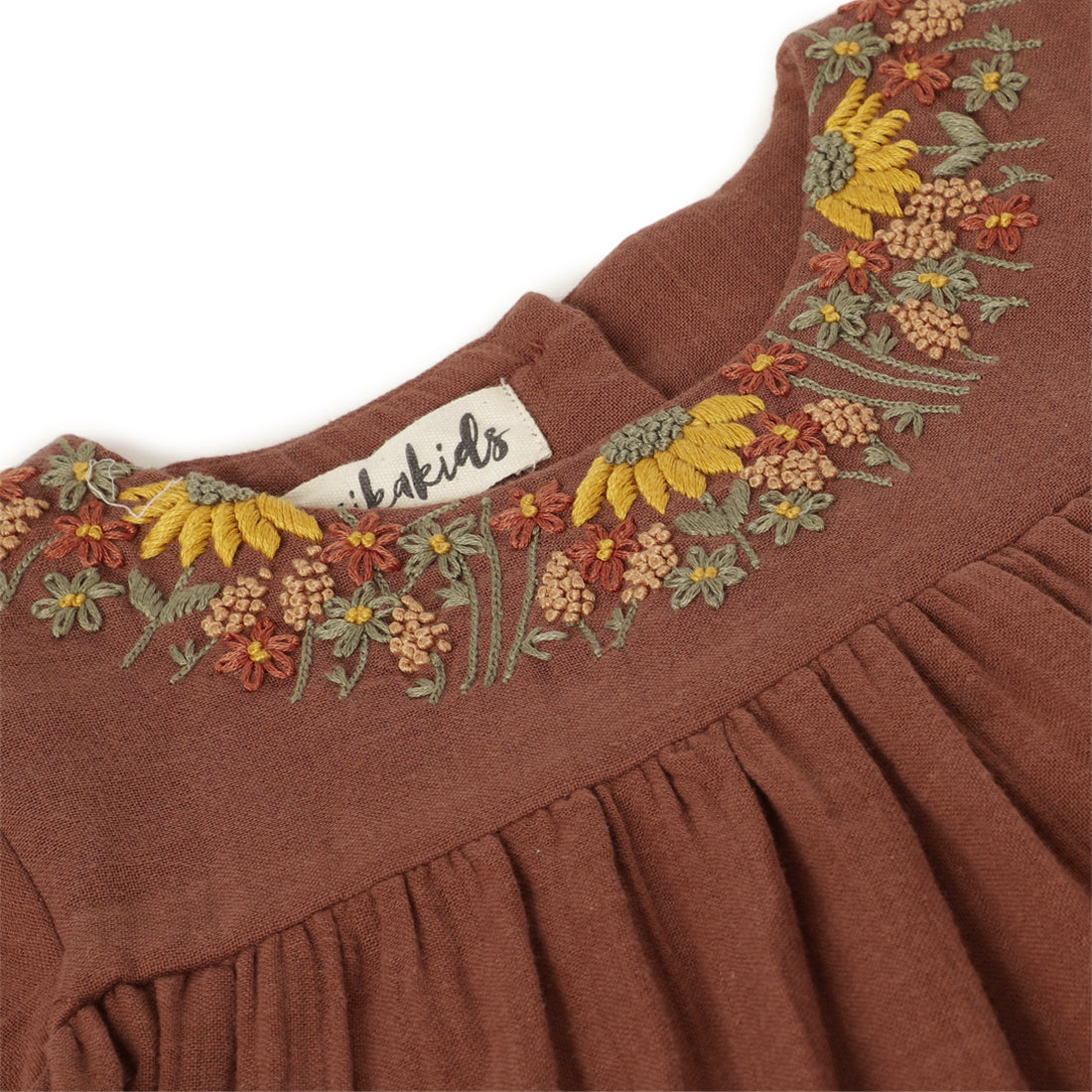 Girls Embroidered Cotton Dress Rust Brown - 1 yr to 8 yrs - Close-up