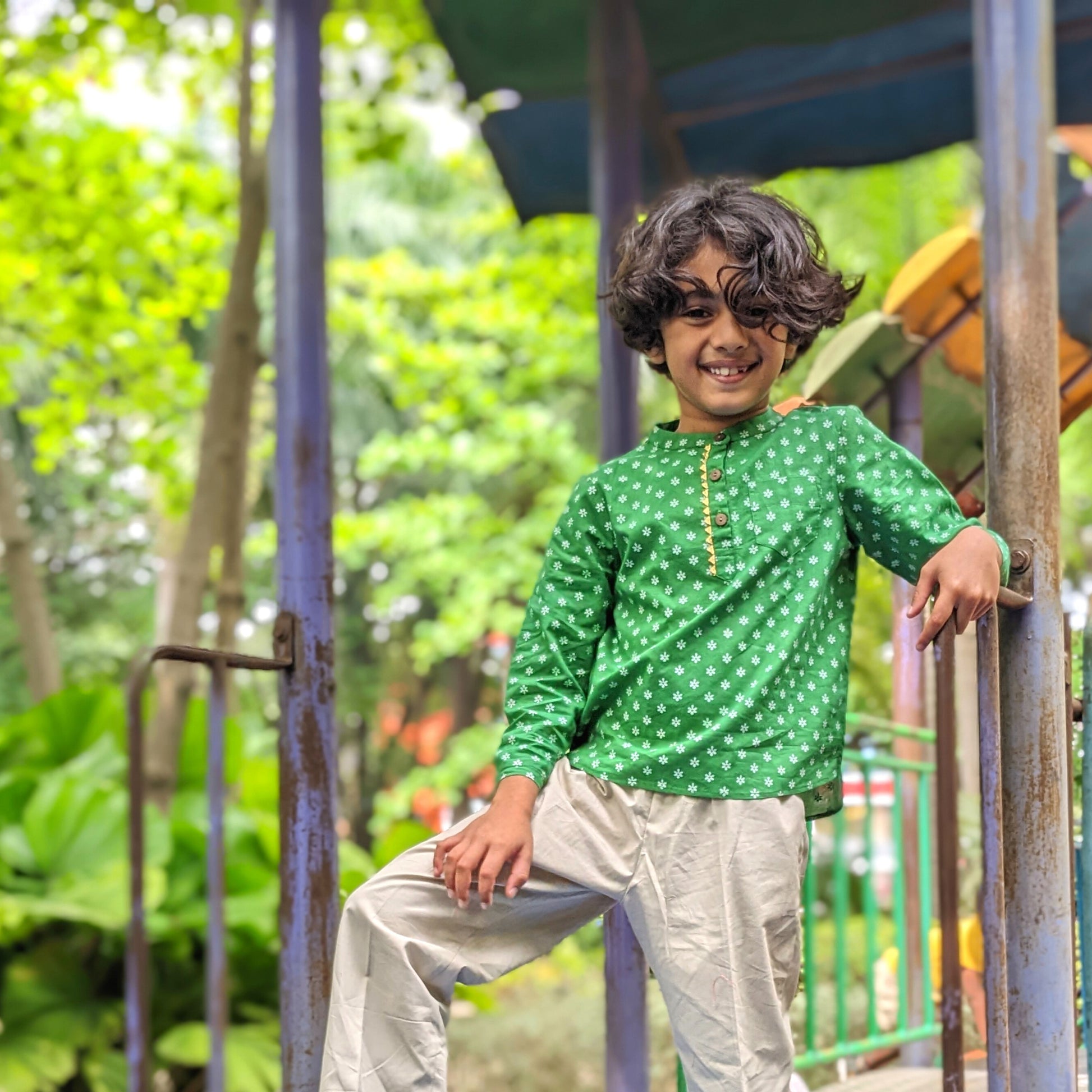 Boys Cotton Shirt Full Sleeves Green - 2 yrs to 12 yrs - Front