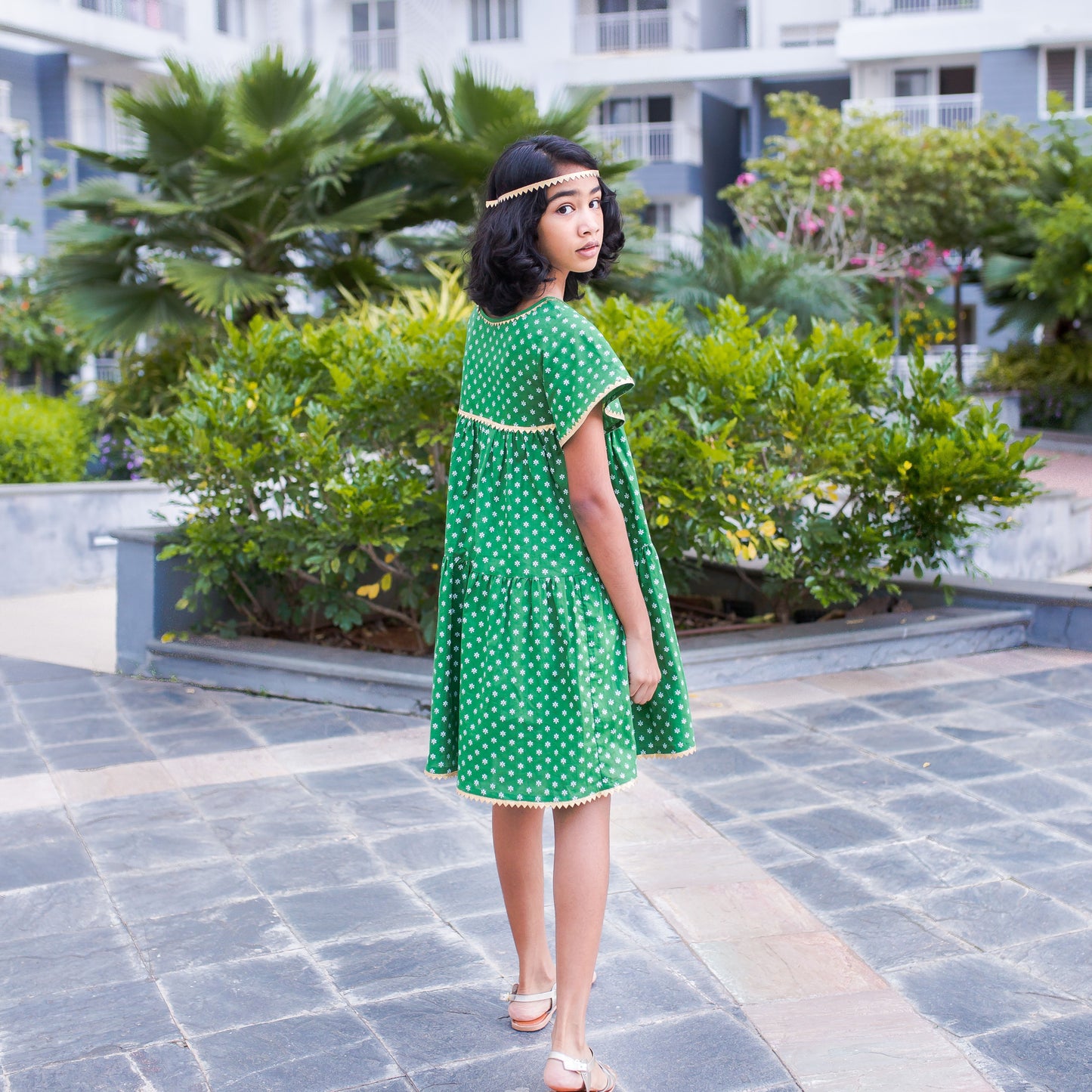 Girls Cotton Green Dress - 4 yrs to 12 yrs - Side