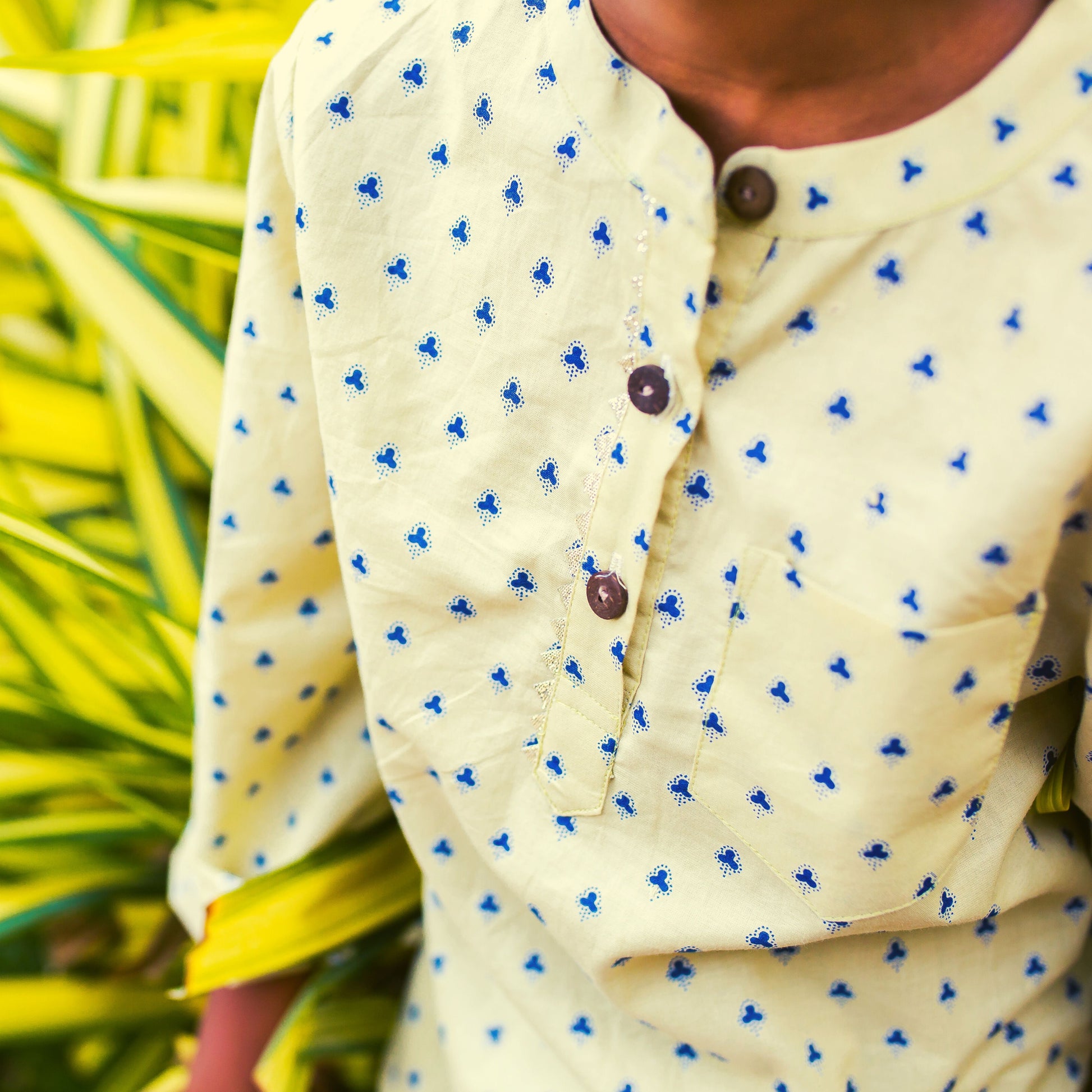 Boys Cotton Shirt Full Sleeves Clover Print, Lemon - 2 yrs to 12 yrs - Front
